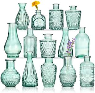 CUCUMI 14pcs Glass Bud Vase Set in Bulk, Aqua Green Relief Vase for Centerpieces, Mini Vintage Glass Flower Vases for Wedding Home Table Party Decor