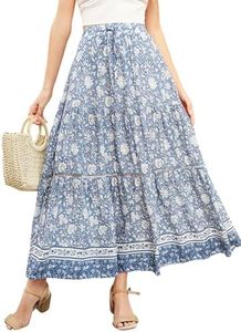 R.Vivimos Womens Summer Cotton Vintage Floral Print Boho Casual Ruffled Flowy Midi Skirt (Medium, LightBlue)