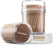 Prestee 2000ct Wooden Toothpicks + Reusable Toothpick Holder Container, Dark Wood - Sturdy Smooth Finish Bamboo Tooth Picks for Teeth, Party Cocktail Picks, Toothpicks for Appetizers, 100% Natural