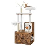 Feandrea WoodyWonders Cat Tree with Litter Box Furniture Hidden Enclosure, 2-in-1 Modern Tower, Cat Condo with Scratching Posts, Removable Pompom Sticks, Rustic Brown UPCT113X01