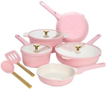 Paris Hilton Ceramic Nonstick Cookware Set, Cast Aluminum with Dual Layer Nonstick Coating, Gold Heart Knobs, Stay-Cool Handles, Made Without PFAS, PFOA, PFOS & PTFE, Dishwasher Safe, 10-Piece, Pink