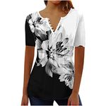 AMhomely Women Shirts Blouse Sale Clearance Elegant Vinatge Button White Blouse Floral Print Tunic Tops Short Sleeve V Neck Teen Lightweight Breathable Sportawear Activewear Undershirts, Black 1