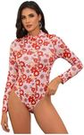 Verdusa Women's High Neck Long Sleeve Floral Print Tee Bodysuit Leotard Tops Floral Red Medium