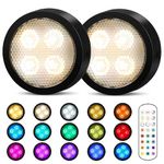 Onumii Under Cabinet Kitchen Lights Battery Powered LED Under Cupboard Lights, Stick on Wardrobe Lights Wireless Under Counter Lights, RGB Coloured Puck Lights with Remote Control, 2 Pack - Black