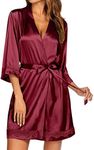 Ekouaer Women's Lace-Trim Silk Robes Bride Bridesmaid Kimono Satin Bathrobe V Neck Sleepwear with 3/4 Sleeve