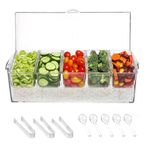 XIYEAM Bar Top Food Condiment Dispenser Container with Lid, 5 Tray Plastic Garnish Station for Fruit, Veggie, Salad - Ice Cooled Topping Organizer for Home Restaurant Supplies & Serving (Clear)