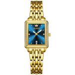 OLEVS Gold Watches for Women Small Wrist Blue Luxury Diamond Square Watches Elegant Dress Stainless Steel Analog Quartz Slim Womens Watch Waterproof Luminous with Date Ladies Watches