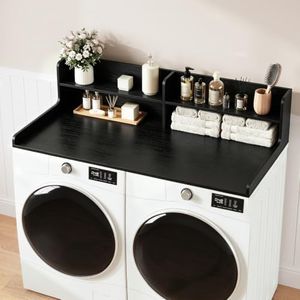 Yoobure 2-Tier Washer Dryer Countertop with Shelves, 54” Laundry Countertop | Laundry Topper with Adjustable Shelves, 54" W × 27.6" D, High Edge Rails, Non-Slip Pads, Wood Laundry Countertop, Walnut