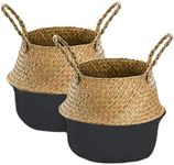 Yesland 2 Pack Seagrass Belly Basket, Black Hand Woven Picnic Basket with Handles, Perfect Plant Basket for Storage, Laundry, Picnic, Plant Pot Cover, Toy Storage (L)