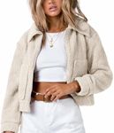 Flygo Womens Cropped Zip Up Lapel Shaggy Teddy Fleece Jacket Faux Fur Coat (Beige-XS)