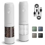 Electric Salt and Pepper Grinder Set with USB Rechargeable, Automatic One Hand Operation with Adjustable Coarseness, Pepper Mill Grinder Refillable with LED Light, Kitchen Gadgets (2 Packs, White)