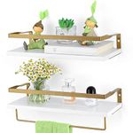 White Floating Shelves Wall Mounted, Bathroom Shelf with Golden Towel Rack, Decorative White Wall Shelf Set of 2, Modern Wood Wall Storage Shelves for Bathroom, Kitchen, Laundry Room etc (White&Gold)