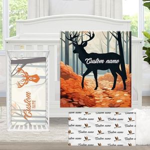 KAINSY Custom Baby Crib Bedding Set, 3 Pcs Personalized Baby Crib Sets with Name, Orange Woodland Deer Toddler Bedding Set, Nursery Bedding Set for Baby Girl Boy, Customized Gifts for Infants Kids
