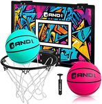 AND1 Over The Door Mini Hoop: - 18”x12” Pre-Assembled Portable Basketball Hoop with Flex Rim, Includes Two Deflated 5” Mini Basketball – Teal/Pink (5A1GT0110L0E2)