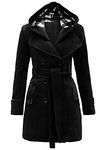 YMING Women's Winter Warm Hooded Coat Casual Long Coat Elegant Quilted Jacket Woolen Coat With Pockets BLK L