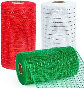 tenn well 3 Rolls Poly Mesh Ribbon for Wreath Making, 6 Inch x 10 Yards Red Green White Stripe Deco Mesh Rolls for Wreaths, Swags and Christmas Decoration