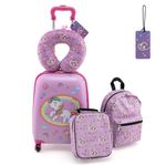 HOMFME 5PCS Kids Luggage Set, 16 Inch Children Suitcase and 13 Inch Backpack Set with Neck Pillow, Lunch Bag, Name Tag, Hard Shell Toddler Trolley Suitcase for Boys Girls (Unicorn, Pink)