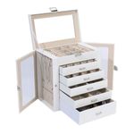 BOOVO Jewelry Box For women, 6 Layer Large Jewelry Organizer With Mirror, Multi-Function Storage Box With Lock, Accessory Holder With 5 Drawers, For Earrings Necklace Ring Bracelet (Clear White)