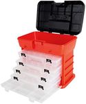 Storage Tool Box - Portable Multipurpose Organizer With Main Top Compartment and 4 Removable Multi-Compartment Trays by Stalwart,Red,11 in x 7 in x 10 in