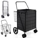 GiantexUK Foldable Shopping Cart on Wheels, Metal Grocery Trolley with Extra Basket & Anti-slip Handle, Heavy-duty Utility Bag Cart for Laundry Supermarket Travelling