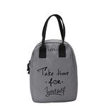 HOOM Insulated Lunch Bag for Office Men, Women and Kids, Leak Proof Water Resistant Polyester Made Lunch Tiffin Bag with Quotes (Grey Take Time for Yourself)