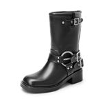 DREAM PAIRS Mid Calf Boots for Women, Square Toe Motorcycle Boots with Buckles, Women's Biker Boots with Low Chunky Heel,Size 6.5,Black,SDMB2405W