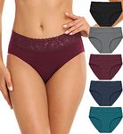 Wealurre Cotton Underwear Women Lace Waistband Full Briefs Ladies High Leg Knickers for Women Soft Stretch Panties Multipack 5 (X-Large, Dark Color)