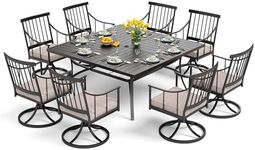 PHI VILLA 9 Pieces Outdoor Dining Table Set for 8, 60” Square Wrought Iron Table & Heavy-Duty Steel Swivel Chairs with Cushions, Large Dining Furniture Set for Patio, Deck, Yard, Porch