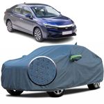YEARWELL 100% Waterproof 'GreyMax' Car Body Cover for Honda City i-VTEC with Mirror Pocket, Heat & UV Protection, Triple Stitched, Soft Lining, Full Bottom Elastic & Reflective Radium (Grey)
