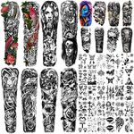 Metuu 46 Sheets Extra Large Full Arm Temporary Tattoos For Men and Women(L22.8 inch x W 7 inch), Lion Dragon Clock Flower Skeleton Scorpion Tattoos for Teens, Forearm Shoulder Temp Waterproof Fake Tattoo Stickers