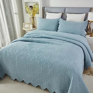 Brandream Luxury Bedding Quilt Set Queen Size Farmhouse Bedspread Matelasse Coverlet Set Cotton Shabby Antique Blue Lightweight All Season Choice