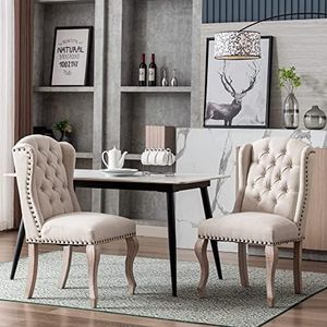 DM Furniture Parsons Dining Chairs Farmhouse Solid Wood Accent Chairs Linen Fabric Host Side Kitchen Chair with Tufted Wingback for Dining Room, Living Room, Bedroom (Set of 2, Cream)