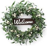 Summer Wreaths for Front Door, 20 inch Green Eucalyptus Wreaths with White Berries and Welcome Sign, Greenery Wreath for Window Porch Indoor Outdoor Farmhouse Home Decor