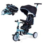 BABY JOY Kids Tricycle, 8-in-1 Folding Toddler Trike w/Push Handle, Removable & Adjustable Canopy, 5-Point Safety Harness, Rotatable Seat & Storage Pocket, Pushing Toddler Bike for 1-6 (Light Blue)