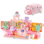 deAO Dollhouse Playset Portable House Toy for Kids 2 in 1 Playhouse Set 32pcs Accessories with Furniture & Figures Pink Caravan Camper Bus Pretend Playhouse Birthday Gifts for Kids