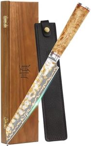 YOUSUNLONG Sujihiki Slicing Knife - 8 Inch Sashimi Sushi Knife - Handmade CuMai Copper Damascus Steel - Japanese Yanagiba Carving Knives Ultra Sharp - Naturel Burl Wooden Handle with Leather