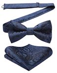 HISDERN Men's Pre-tied Bow Tie Set Paisley Jacquard Navy Blue Bow ties and Pocket Square for Wedding Party