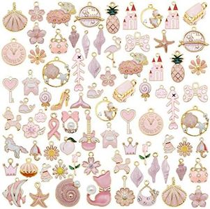 JJGQAZ 40pcs(20PAIRS) Assorted Gold Plated Enamel Animals Fruit Moon Star Dainty Dangle Flowers Pendants Charms for Jewelry Making Necklace Bracelet, Pink Theme, Zinc, No Gemstone