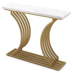 COSTWAY Console Table, Faux Marble Slim Entryway Table Sofa Side Table, Metal Frame Wooden Narrow Behind Couch Accent Table for Hallway, Foyer and Living Room, White+Gold, 100x29x80cm