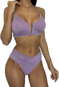 HYTENSUN Women's V Cut High Waisted Bikini Ribbed V-Wired Cami Two Pieces Swimsuit Purple