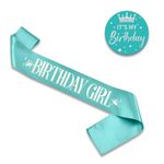 JEKUGOT Birthday Sash for Women with Glittery Metal Rose Pin, Birthday Party Decorations and It's My Birthday Button, Rosegold Birthday Badge (Blue Green)