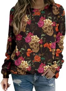 Halloween Womens Sweatshirt Printed Shirt - Skull Floral Graphic Crew Neck Long Sleeve Lightweight Tee Top M Pattern 13
