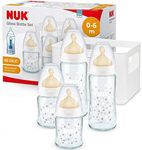 NUK First Choice+ Baby Bottle Starter Set Made of Glass and Latex, 0-6 Months, 4 Bottles with Temperature Control & Bottle Box, Anti-Colic Air System, BPA-Free, 5 Pieces