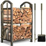 Amagabeli Firewood Log Rack with Tool Sets Indoor Wood Holders Fireplace Outdoor Lumber Storage Stacking Stove Wrought Iron Large Logs Bin Fireside Fire Pit Tongs Accessories Vintage Bronze