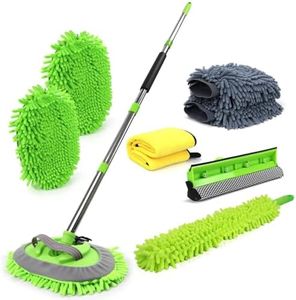 62'' Car Wash Brush with Long Handle Car Wash Mop Mitt Chenille Car Cleaning Kits Windshield Window Squeegee Car Duster Microfiber Towel Gloves for Cars RV SUV Truck 11PCS