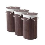 Kuber Industries Pack of 3 Round Bamboo Laundry Basket For Clothes With Lid | 73 Ltr Used/Washing Clothes Bag & Laundry Box - Dark Brown