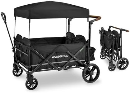 WONDERFOLD X4 Push & Pull Stroller Wagon (4 Seater) - Collapsible Wagon Stroller with Seats with 5-Point Harnesses, Adjustable Push Handle, and Sun Canopy, Black