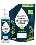 Puracy Liquid Laundry Detergent Refill-1,4 Dioxane Free, Natural, Gentle Laundry Detergent Liquid Concentrate Laundry Pouch with Stain Fighting Enzymes Fresh Linen & Free and Clear 16 fl oz & 48 fl oz