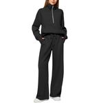 AMDOLE Warehouse Clearance,Womens Two Piece Full Set Tracksuit Long Sleeve Oversized Half Zip Sweatshirt Pullover Drawstrings Wide Leg Trousers Sweatpants Outfits,A-Black,M