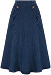 Belle Poque Women Elastic High Waist Denim Skirt with Pockets Classic A-line Jean Skirt for Party Dark Blue M